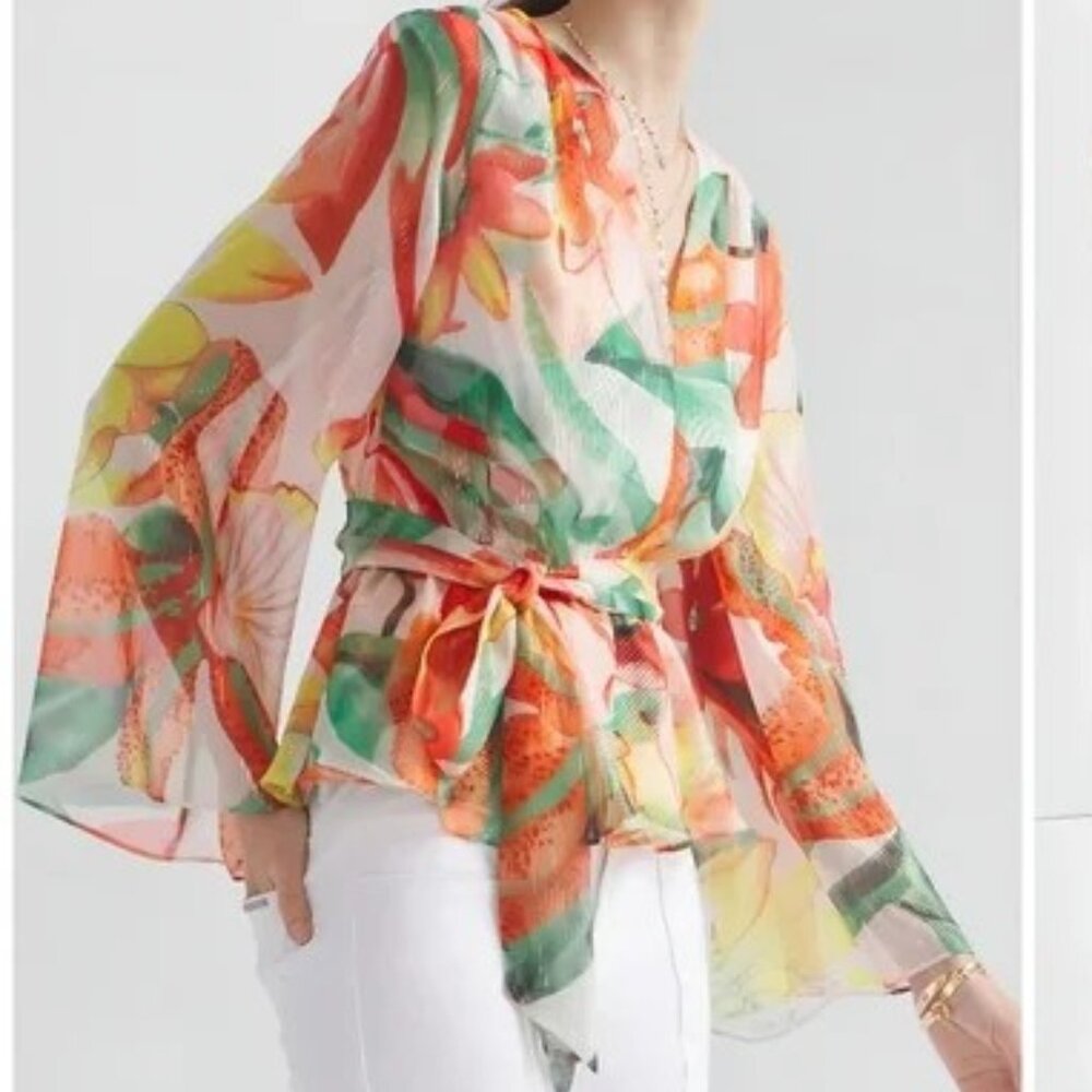 WHITE HOUSE BLACK MARKET STUNNING METALLIC ORANGE TROPICAL FLORAL PEPLUM BLOUSE